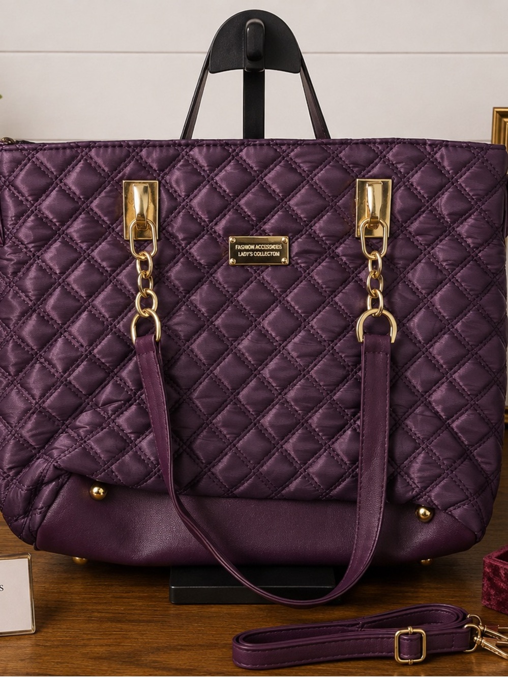 Fashion Accessories Lady’s Collection Purple Quilted Tote